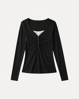 Streetwear Essential – Ruched Henley Top front view